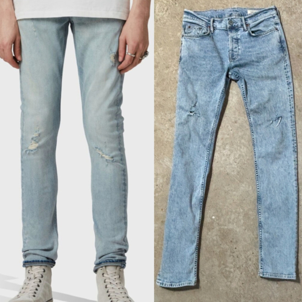AllSaints Men's Donavan Cigarette Damaged Skinny Jeans Light Indigo Blue Size 30